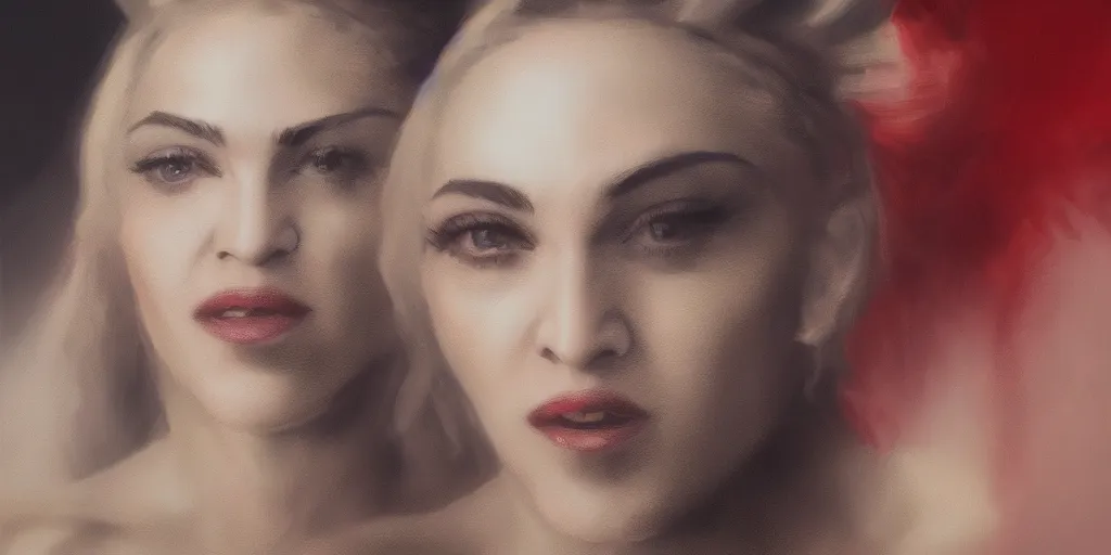 Image similar to Madonna portrait, Greg Rutkowski, Zabrocki, Karlkka, Jayison Devadas, trending on Artstation, 8K, ultra wide angle, zenith view, pincushion lens effect