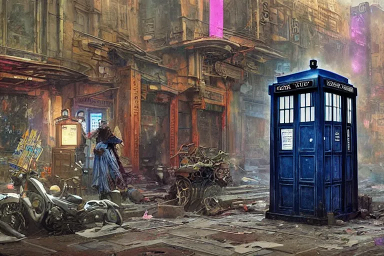 Prompt: photograph of a single tardis sat on the streets of a cyberpunk abandoned city, by greg rutkowski, by stanley artgerm, by alphonse mucha