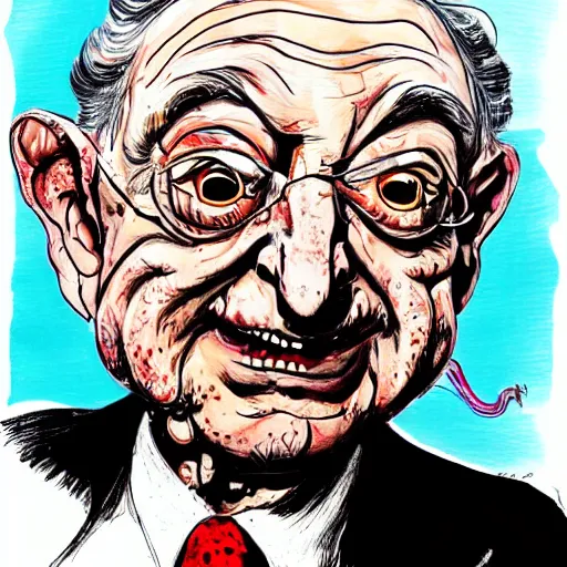 Image similar to George Soros by Ralph Steadman, illustration, body horror, biopunk