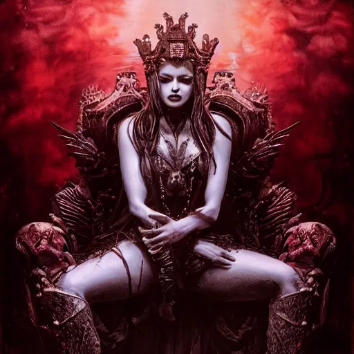 Prompt: vampire queen portrait , sitting on intricate throne, fantasy, dystopian, burning halo, intricate artwork by Guy Denning and Anna Dittmann very coherent artwork, cinematic, hyper realism, high detail, octane render, unreal engine, 8k, Vibrant colors, Smooth gradients, High contrast, depth of field,