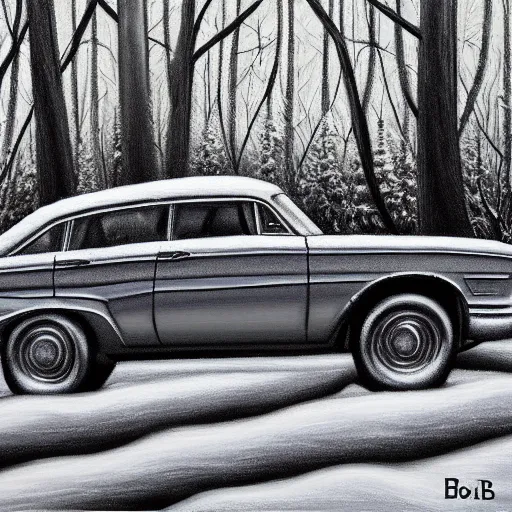 Prompt: rusty ford bel air in winter forest, grey scale, oil painting by Bob Ross