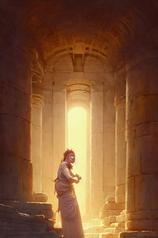 Image similar to high detail portrait, screaming woman wearing an ancient greek yellow paper tunic, stephen bliss, fantasy art by greg rutkowski, rhads, ferdinand knab, makoto shinkai and lois van baarle, ilya kuvshinov, rossdraws, tom bagshaw, global illumination, radiant light, ancient greek temple ruins, orange and blue color theme