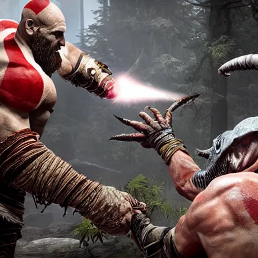 Image similar to screenshot of the game God of War with Kratos fighing a Rhinoceros beetle kaiju | Sony Pictures official media