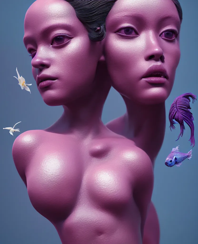 Image similar to goddess full painted acryllic sculpture close-up portrait. orchid bird betta fish, intricate artwork by Tooth Wu and wlop and beeple. octane render, trending on artstation, greg rutkowski very coherent symmetrical artwork. cinematic, hyper realism, high detail, octane render, 8k