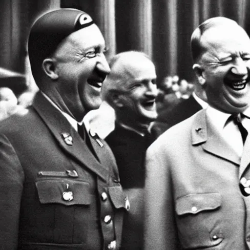 Image similar to “ very photorealistic photo of hitler and joe biden laughing together, award - winning details ”