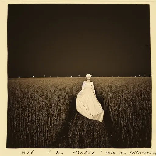 Image similar to the lonely bride in the wheat field at night, southern gothic, photograph by diane arbus, bayou