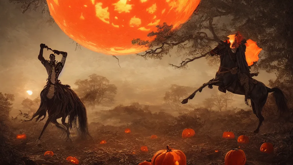 Image similar to a headless!!! colonial rider!!!! holding a jack - o - lantern on lone rampant!!! ( ( black horse ) ) with fiery eyes, background gnarled trees and large supermoon, in the styles of greg rutkowski, keith parkinson, and john quidor, intricate, detailed, volumetric lighting