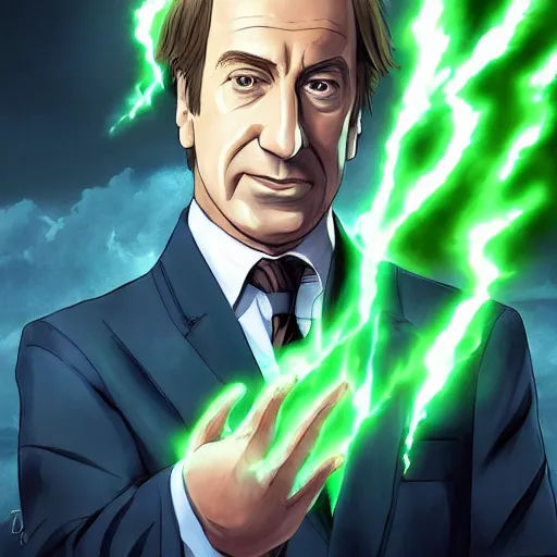 Image similar to portrait of saul goodman as the master of the green lightning, anime fantasy illustration by tomoyuki yamasaki, kyoto studio, madhouse, ufotable, trending on artstation