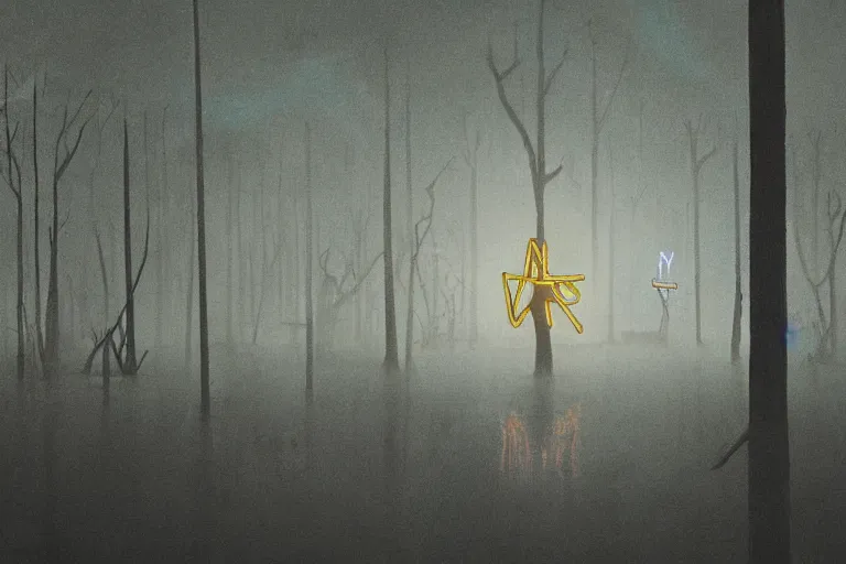 Prompt: scene from louisiana swamps,, neon cross, voodoo, 8 k, hyper detailed, artwork by tim eitel