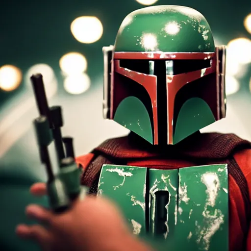 Prompt: photo of Boba fett playing roulette, high quality, cinematic, 4k, strong bokeh