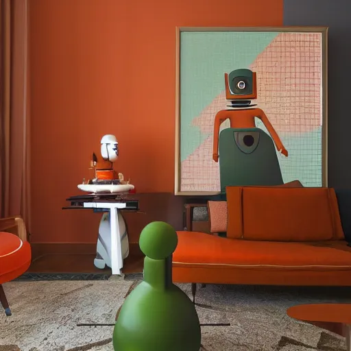 Image similar to robot maid in a mid century modern living room, burnt orange, olive green, earth tones, retro future, marcelline stoyke, eric joyner