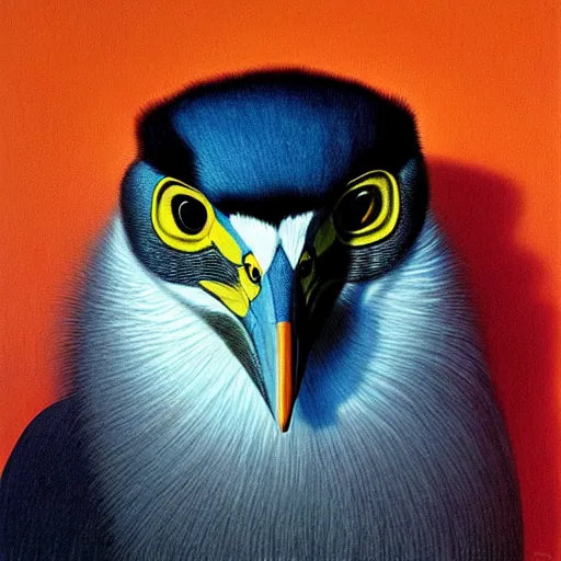 Image similar to painting of hybrid animal, cat ears, black crowned night heron body and beak, calico pattern fur, four legs, cat eyes, intercrossed animal, mixture animal, by zdzislaw beksinski, by tiffany bozic, by chris buzelli, cute animal