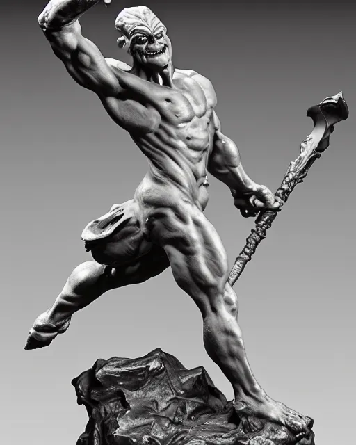 Image similar to a full figure rough marble sculpture of running Orc holding a sword, by Frazetta and Bernini, studio lighting, wide angle lens