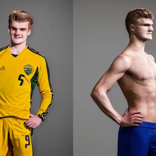 Image similar to a realistic detailed photo of a guy who is an attractive humanoid who is half robot and half humanoid, who is a male android, soccer players martin ødegaard & timo werner, shiny skin, posing like a statue, blank stare, in a factory, on display, showing off his muscles, gold soccer shorts, side view, looking at each other mindlessly