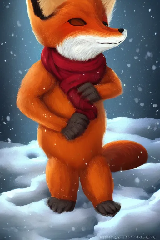 Prompt: an anthropomorphic fox with a fluffy tail wearing a scarf playing in the snow, backlighting, trending on artstation, digital art, furry art, trending on furaffinity