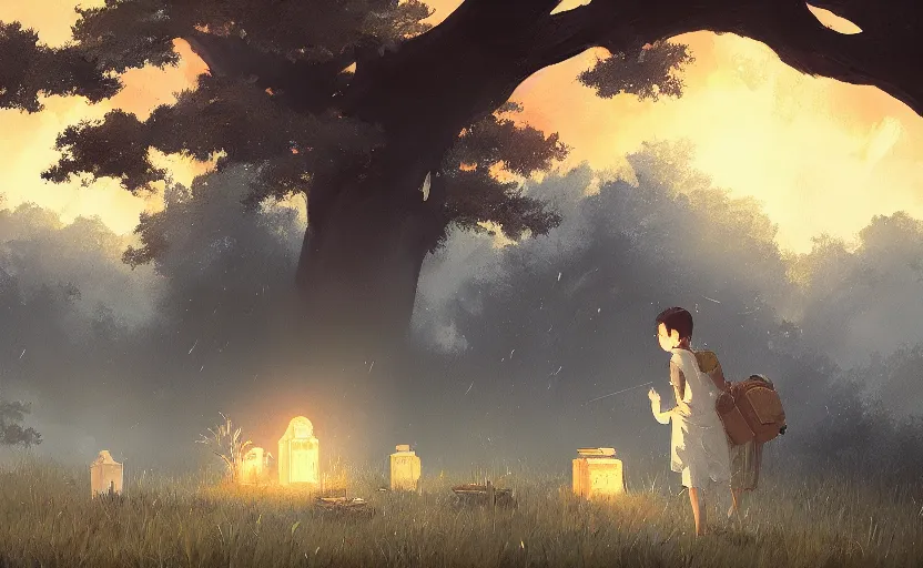 Prompt: a painting of the grave of the fireflies trending on artstation in the style of greg rutkowski