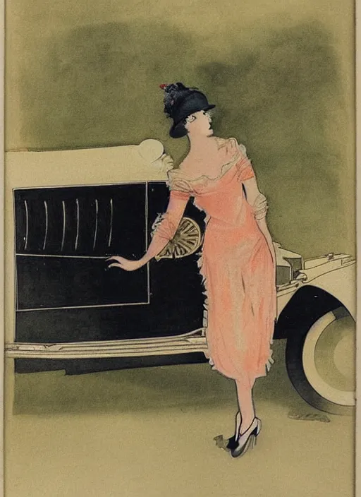 Image similar to Louis Icart, a colored drawing of a woman posing in front of a 1920's car by Louis Icart, highly detailed, masterpiece