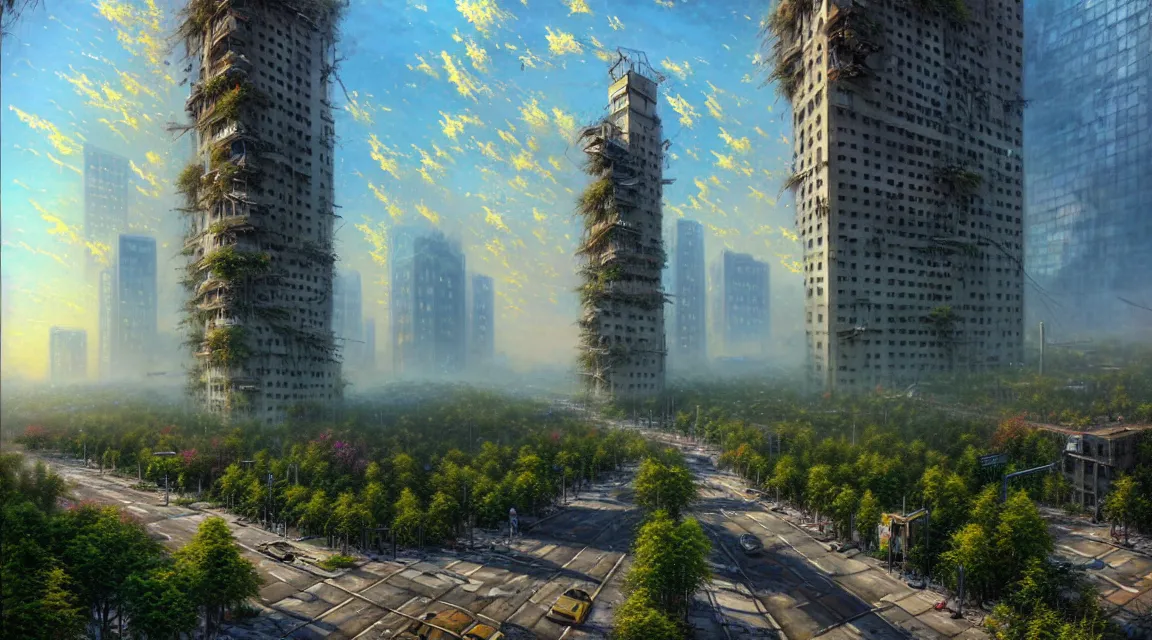 Prompt: post apocalyptic skyscraper, building, avenue, urban architecture, americana architecture, concrete architecture, paved roads, by thomas kinkade trending on artstation, photorealistic, wild vegetation, hyper detailed, hyper realistic