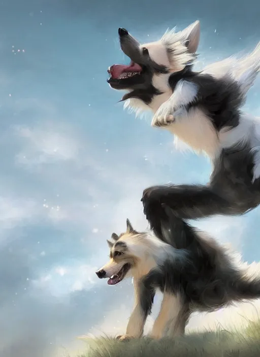 Prompt: wide angle beautiful full body portrait of a cute male anthropomorphic anthro border collie fursona wearing clothes and falling from the sky, character design by charlie bowater, henry asencio, and ross tran, disney, scenic background, detailed, aesthetic, trending on artstation, furaffinity, deviantart