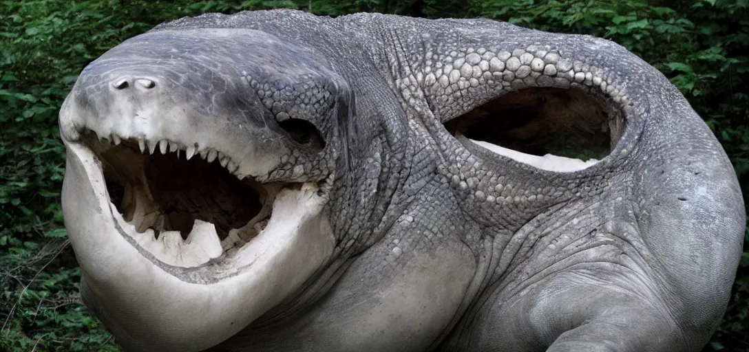 Prompt: giant lizard monster with beluga whale skull for a face, hairy, scp, creepy,