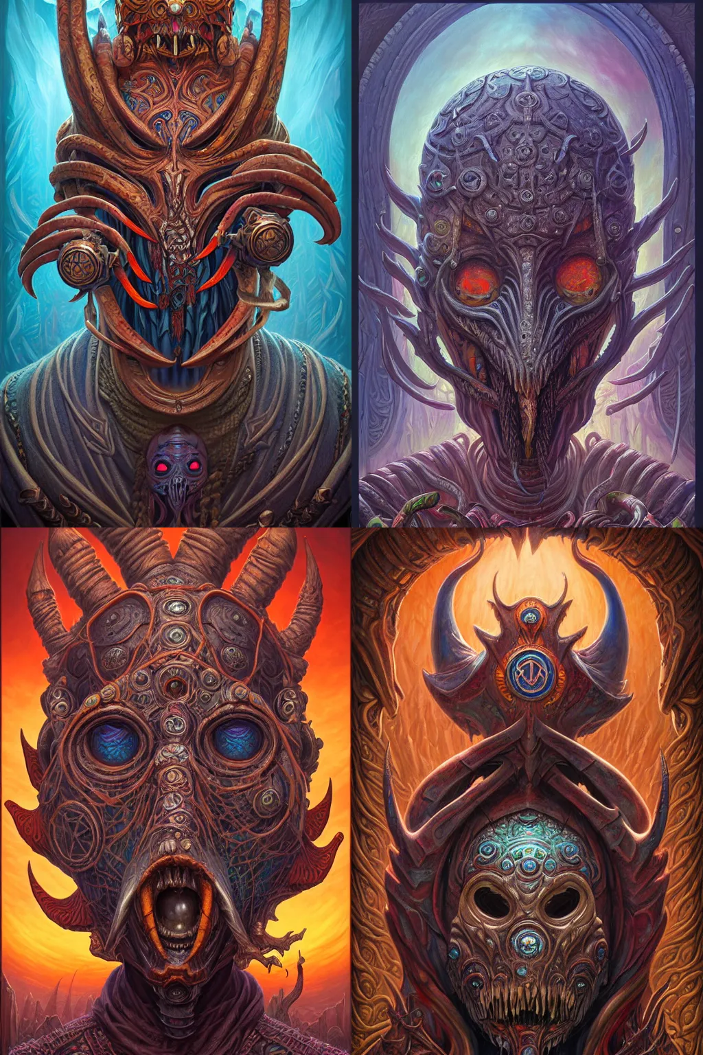 Prompt: hyper detailed, mindflayer tribal mask in the style of tarot art, matte painting by Jeremiah Ketner, Annato Finnstark, Thomasz Alen Kopera, and Thomas Kinkade. artstation, insanely 3d, 4k, shamanpunk