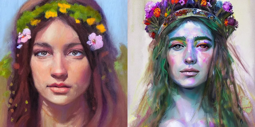 Prompt: hippie queen in the garden portrait painting study, extremely detailed, featured trending on artstation