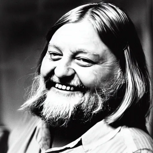 Image similar to robert wyatt smiling with open mouth, staring at his bowl of amanita mushrooms