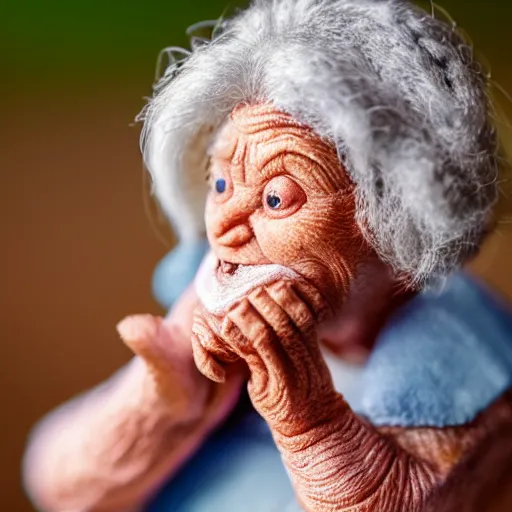 Image similar to miniature realistic very old woman sitting in palm of giant hand, short dof, macro photo, tiltshift, extremely cute, large head, tiny body, hyper realistic, minutely detailed