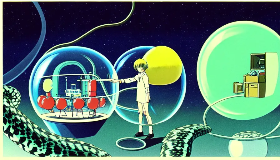 Prompt: hyperrealist studio ghibli dull colors from close encounters of the third kind 1 9 7 7 of a scientist rocketing through a snake bubble.