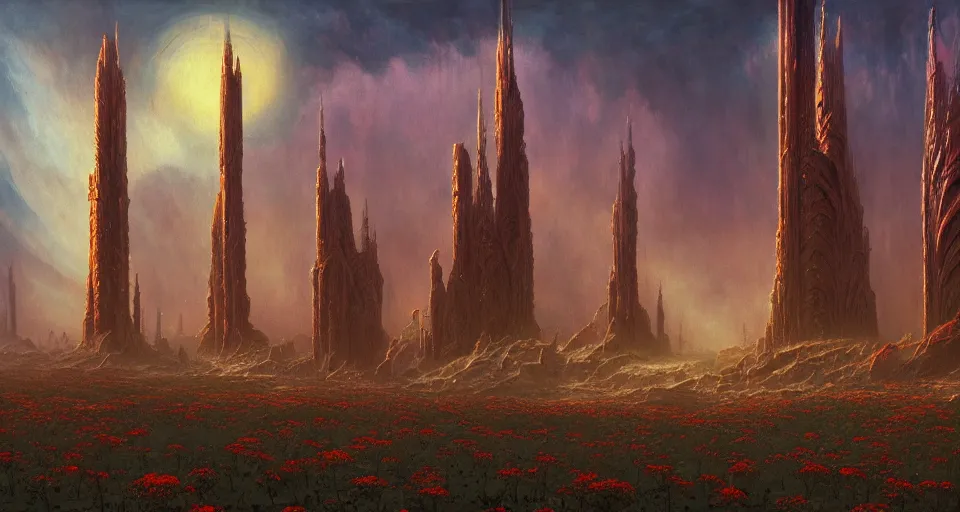 Image similar to a cinematic view ofnokron, eternal city, elden ring, harold newton, zdzislaw beksinski, donato giancola, warm coloured, gigantic pillars and flowers, maschinen krieger, beeple, star trek, star wars, ilm, atmospheric perspective