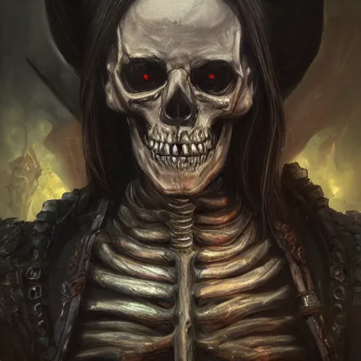 Prompt: a hyper realistic oil painting of a necromancer from diablo, dark fantasy, horror, crypt, skeleton army, retro fantasy,