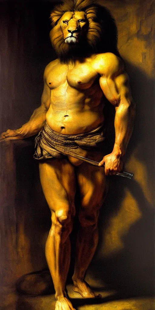 Prompt: oversized muscular lion as mafia boss human legs full body portrait pose , very textured detailed oil painting by rembrandt , hard backlight , in dark cave