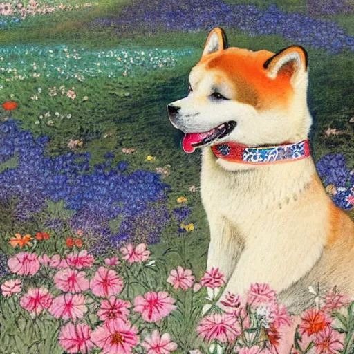 Image similar to a female akita inu wearing a kimono, in a field of flowers, painting in the style of warwick goble