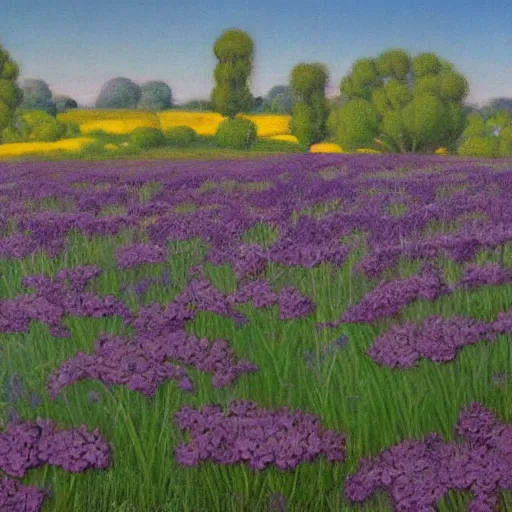 Image similar to a painting of purple flowers in a field, a matte painting by Edward Okuń, featured on deviantart, american impressionism, matte painting, anime aesthetic, matte drawing, pastel