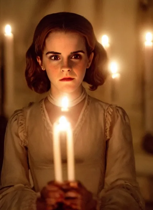 Image similar to Emma Watson as Hermione Granger in Kubrick's Barry Lyndon, natural candle lighting, movie still