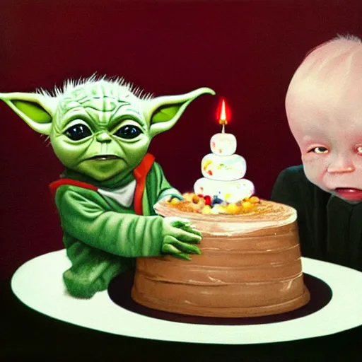 Prompt: (baby yoda grogu) smashing birthday cake into his face, happy birthday, happy birthday candles, mischievous, inquisitive, devious, hilarious, funny, birthday wrapped PRESENTS, artwork by Brothers Hildebrandt