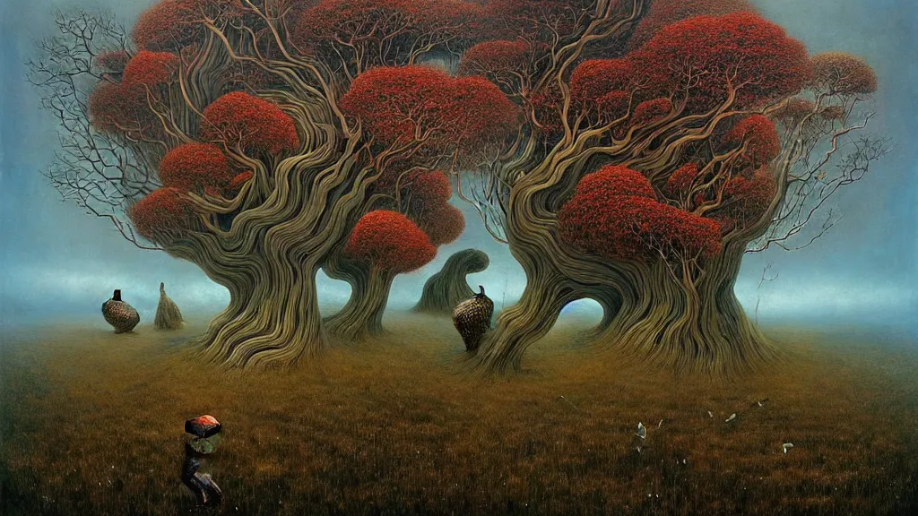 Image similar to surreal landscape, surrealism, whirling swirling trees, esao andrews, beksinski, victor enrich, dali