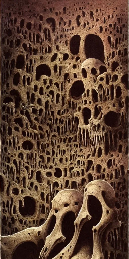 Image similar to three medieval explorers in an enormous cavern wasteland of malformed mammal skulls, zdzislaw beksinski, wayne barlowe, gothic, cosmic horror, dystopian, biomorphic, lovecraftian, amazing details, cold hue's