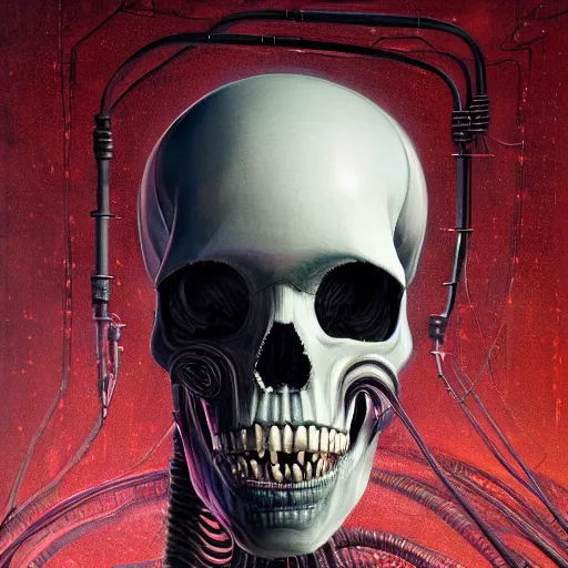 Image similar to surreal portrait of a man by Greg Rutkowski and H.R Giger, a biomechanical skull from whose sockets a red light emanates, between human and alien, connected by pipes and cables, terrifying, disturbing, cosmic void background, frightening, fascinating, highly detailed portrait, digital painting, book cover, artstation, concept art, smooth, sharp foccus ilustration, Artstation HQ.