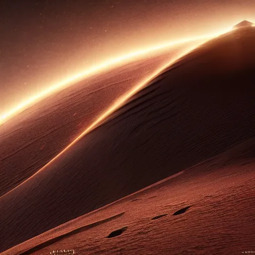 Image similar to heighliner in dune film, epic, hyperrealistic photograph of the edge of time, dim volumetric lighting, 8 k, octane beautifully detailed render, extremely hyper detailed, intricate, epic composition, cinematic lighting, masterpiece, trending on artstation, very very detailed, stunning, hdr, smooth, sharp focus, high resolution, award, winning photo, dslr, 5 0 mm