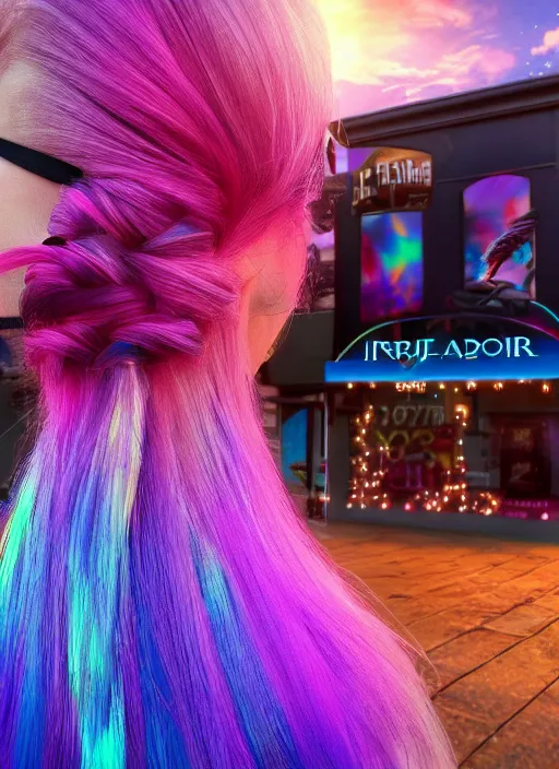 Image similar to iridescent hair salon at sunrise Details to include : * bus * cars * popcorn machine digital art, full shot RPG, official media, beautiful, detailed, high quality, wallpaper 4K, epic, trending on artstation and behance, dynamic lightning ,