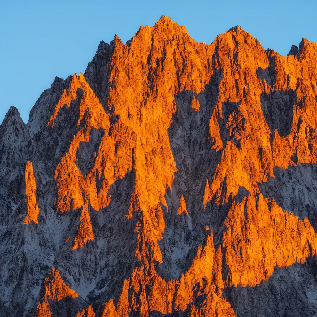 Prompt: towering, otherworldly mountains, golden hour
