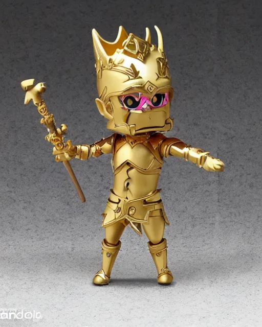 Prompt: full body 3 d render of chrome elven warrior king claymation gold - plated nendoroid! action figure munny, studio lighting, grey background, no shadow, blender, trending on artstation, 8 k, highly detailed