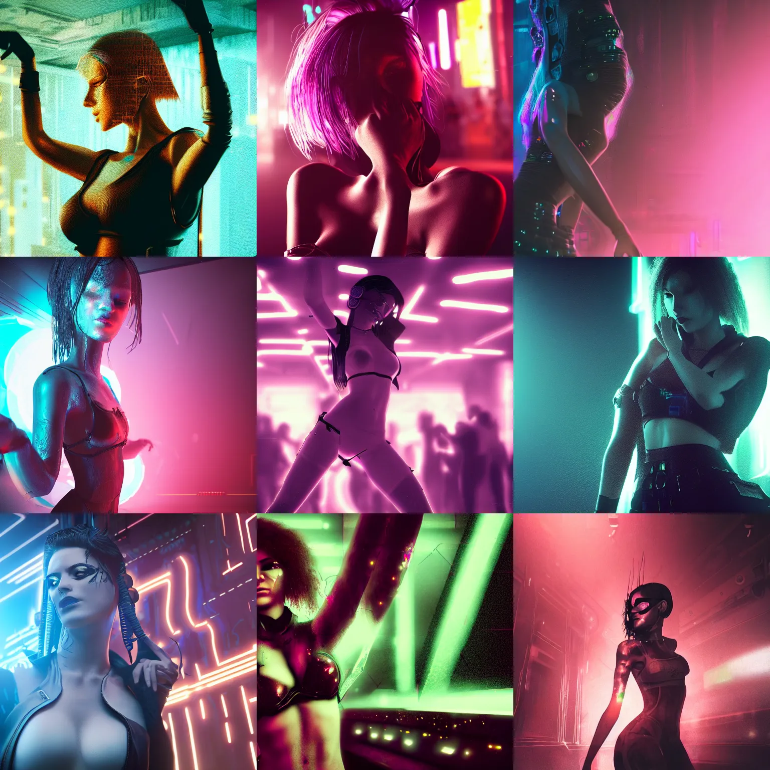 Prompt: closeup of a Cyberpunk woman dancing in a crowded nightclub, poorly lit, moody, atmospheric, unfocused, highly detailed digital art, trending on Artstation