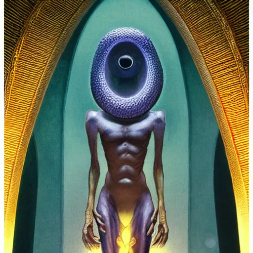 Prompt: facial portrait of tall, long-necked lipless mutant with scaled face and serpent eyes wearing gauze toga and standing in science fiction art deco mosque, alien bestiary by Barlowe, Greg Rutkowski, and Yoshitaka Amano