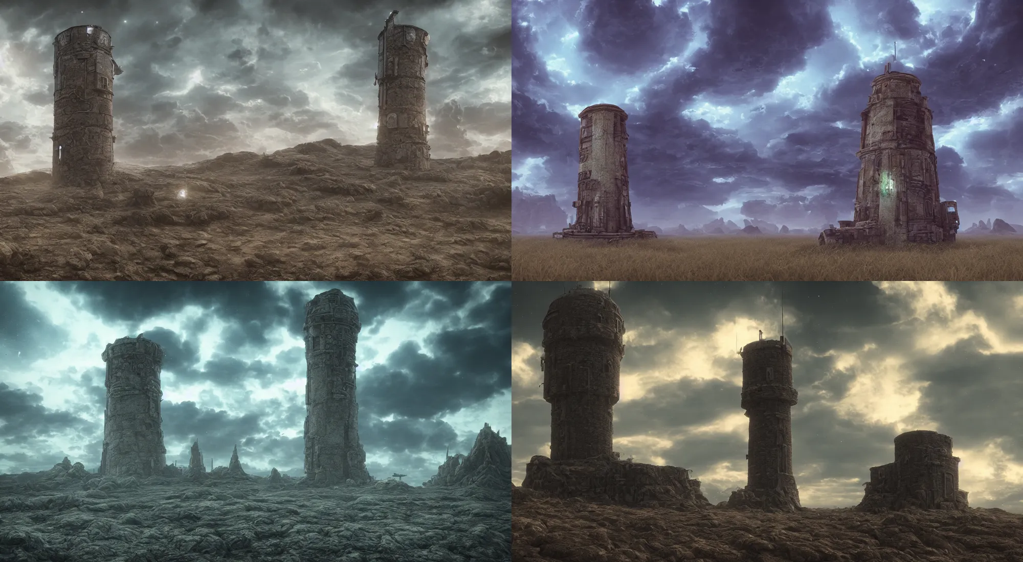 Prompt: old tower in alien landscape with majestic clouds, rendered with octane , cinematic lighting, hdri, 8k