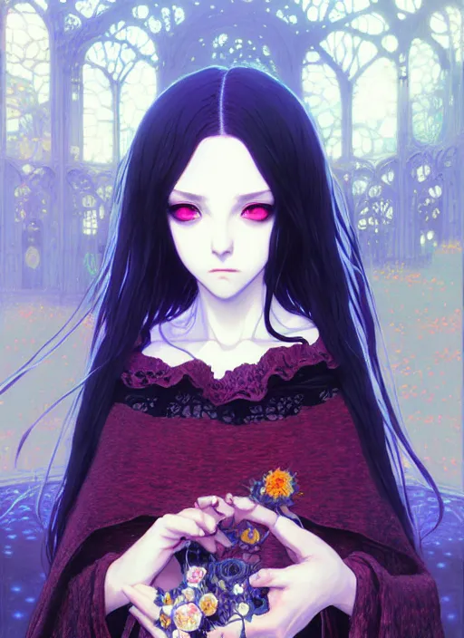 Image similar to portrait of beautiful gothic girl, cute face, intricate, highly detailed, digital painting, official media, anime key visual, concept art, rich vivid colors, ambient lighting, sharp focus, illustration, art by wlop and ilya kuvshinov and makoto shinkai and range murata and gustav klimt