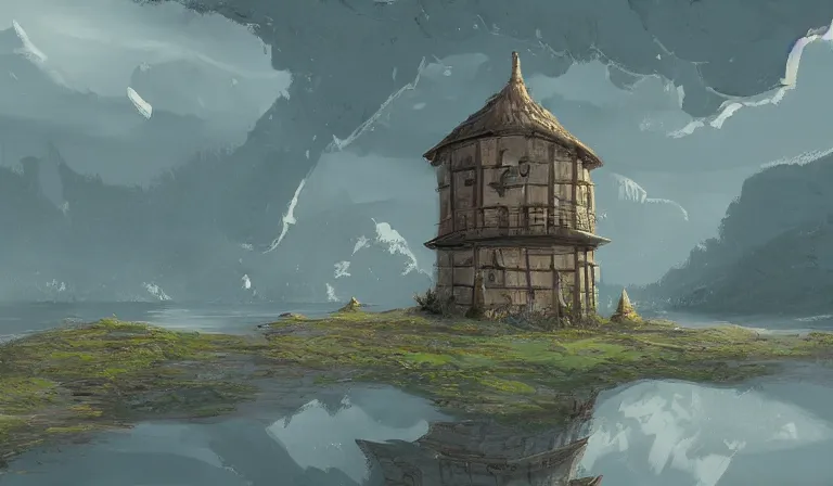 Prompt: A serene landscape with a singular building in the style of concept art