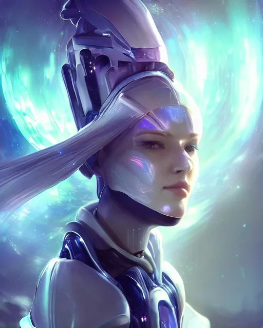 Image similar to perfect android girl on a mothership, warframe armor, beautiful face, scifi, futuristic, galaxy, nebula, raytracing, dreamy, long white hair, blue cyborg eyes, sharp focus, cinematic lighting, highly detailed, artstation, divine, by gauthier leblanc, kazuya takahashi, huifeng huang