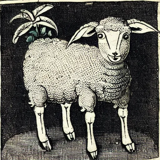 Prompt: “ a 1 5 th century print of a lamb from a page of an emblem book, engraving, detailed ”